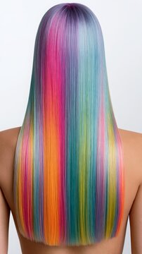 Young woman showing long, straight rainbow hair with vibrant streaks of multiple colors, expressing individuality, creativity, and modern beauty trends
