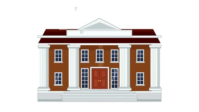 Flat vector animation of a brick town hall building assembling with white columns and blue flag.