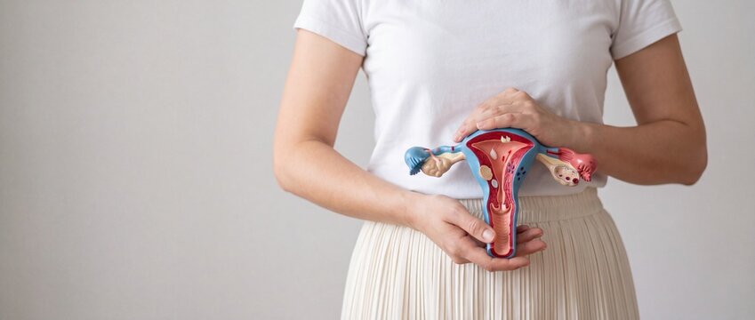 Woman holding Uterus and Ovaries model. Ovarian and Cervical cancer, Endometriosis, Hysterectomy, Uterine fibroids, Reproductive, menstruation, Stomach, Pregnancy and Sexual Transmitted disease