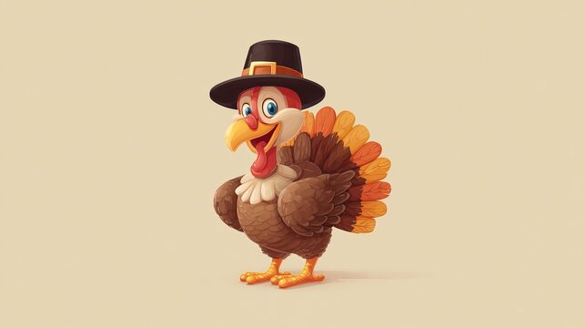 Cheerful cartoon turkey wearing pilgrim hat smiling brightly for happy thanksgiving holiday celebration vector illustration