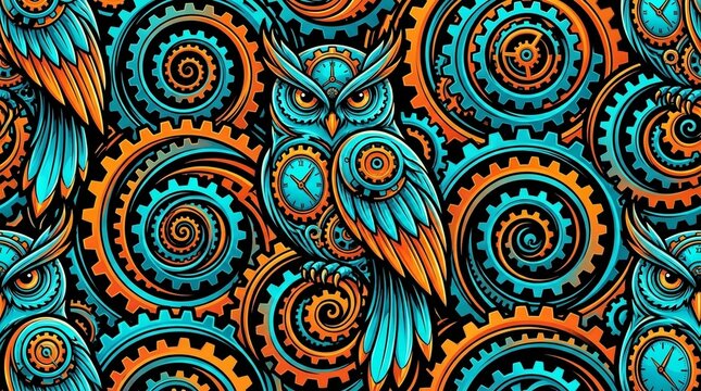Vibrant seamless pattern featuring ornate clockwork owls integrated with mechanical gears and clock faces in a striking orange and cyan steampunk art style design, isolated on a white background