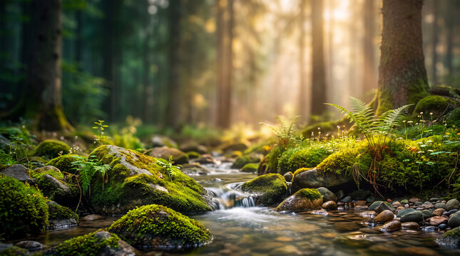 Forest stream with mossy rocks and sunbeams. Peaceful woodland landscape featuring a flowing brook and green ferns. Nature photography backdrop