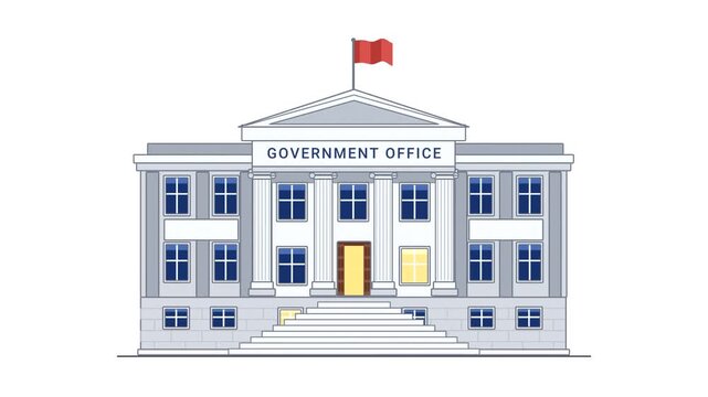 Flat vector illustration of a classic government office building with white columns and a red flag.