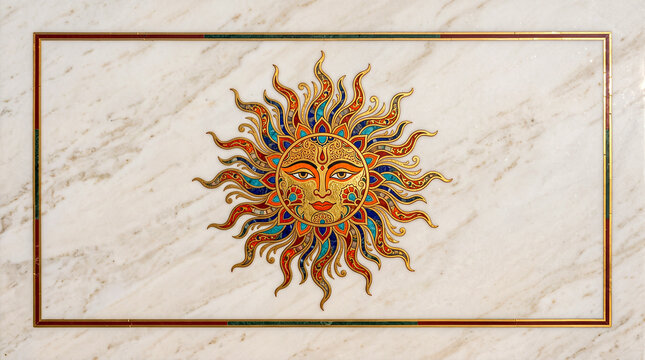 Divine Hindu god Sun, God of light, power, energy, known in Hindu religion as Surya Narayan dev in golden sun ray golden frame, marble background, for home decoration, prayer, art concept, copy space