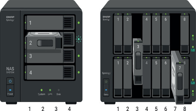 Network Attached Storage NAS Server Vector Set Featuring Four Bay and Sixteen Bay Enclosures with Hot Swappable Hard Drive Trays for Data Backup Infrastructure