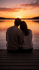 Fototapeta premium Young man, woman sit together on wooden pier watching orange sunset over calm lake. Romantic couple rests close in nature, enjoying peaceful evening view. Lovers share quiet moment by water during