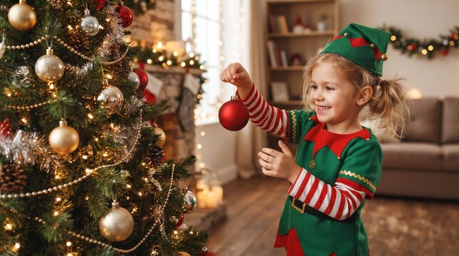 Joyful little girl dressed as an elf decorating a Christmas tree with ornaments