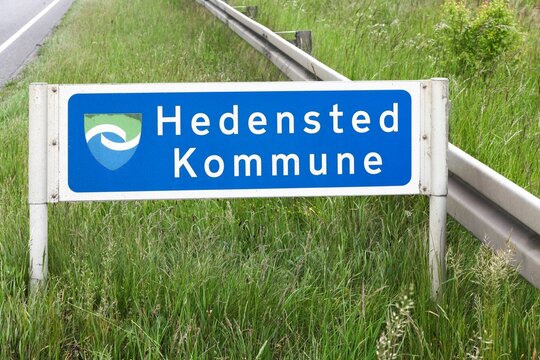 Hedensted, Denmark - June 8, 2022: Hedensted municipality road sign in Denmark