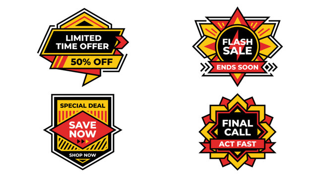 Collection of four vibrant sale labels featuring bold text for limited time offer, flash sale, save now, and final call promotions.