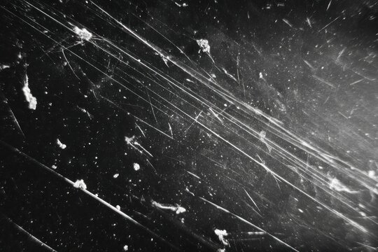 Abstract black scratched surface with dust and bright streaks, textured background