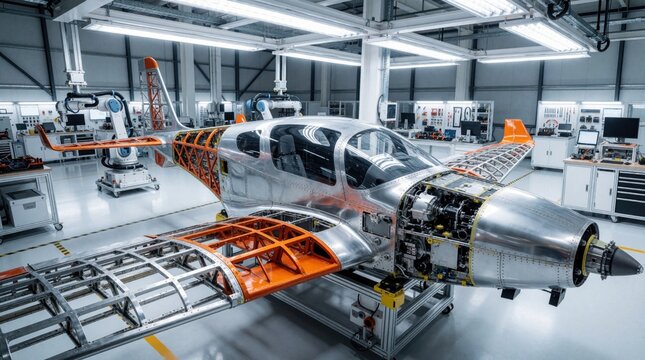 Industrial robotic arms assemble lightweight sport aircraft in modern high tech factory. Automated machine builds silver airplane fuselage, orange wings in aerospace manufacturing plant. Advanced
