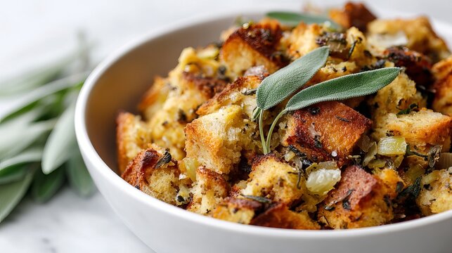 Homemade traditional bread stuffing garnished with fresh green sage leaves served inside a simple white bowl