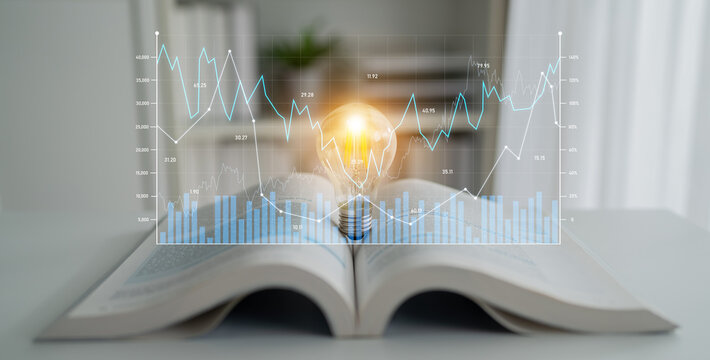 A creative representation of knowledge and innovation, featuring a light bulb illuminating an open book with data graphs showing trends and insights relevant to education and business. Scalp