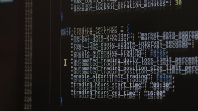 Python code shifts across dark editor, showing financial settings, trading parameters, and data analysis routines. AI assisted vibe coding focuses on configurable software and portfolio calculations.