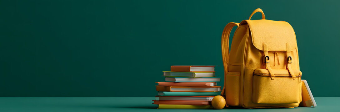 A green chalkboard with a yellow school bag containing books and accessories, against a 3D rendering background. Illustrating the back to school theme, 3D imagery