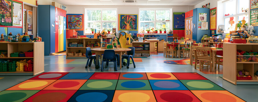 A beautifully furnished kindergarten classroom adorned with multicolored rugs, engaging educational toys, and lively wall decorations. The space is welcoming for young students.