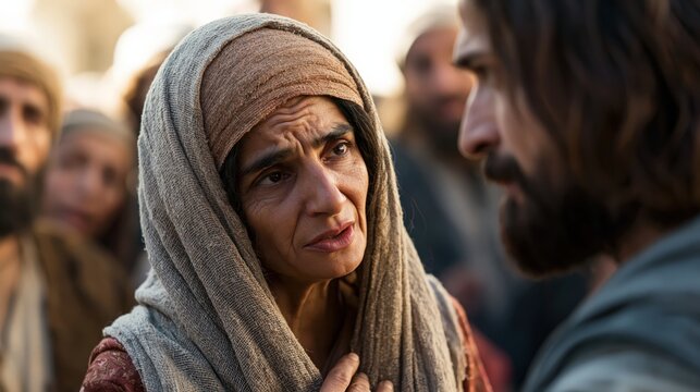 Canaanite woman speaking boldly before Jesus with humble, unwavering faith as the disciples watch in surprise.