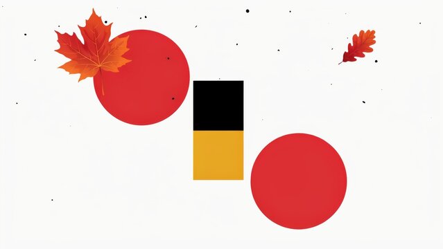 Minimalist autumn background with red circles and maple leaves for