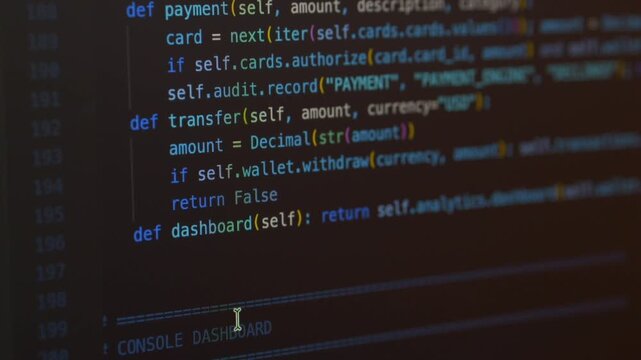 Source code fills dark editor as developer cursor moves through Python classes for financial software. Vibe coding and AI assisted programming shape this close view of software development.