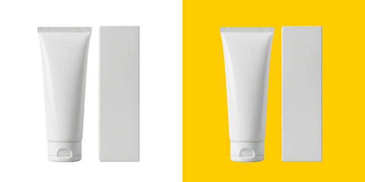 Blank white cosmetic cream tube and cardboard box packaging mockup set