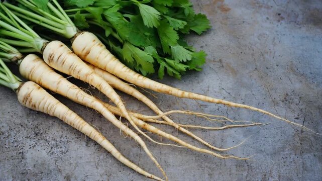 Fresh Parsley Roots with Green Foliage on a Stone Surface