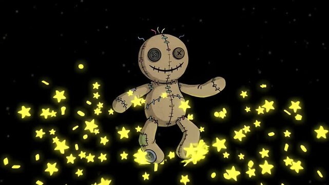 Spooky 4K Stitched Voodoo Doll Floating and Dancing against Black Background with Magical Glowing Yellow Stars and Mystic Particles
