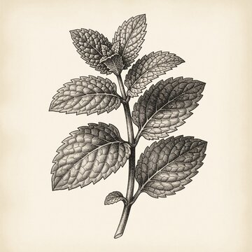 Vintage line art drawing of mint herb plant. Detailed botanical sketch shows green leaves, stem on beige paper. Organic peppermint branch illustration for culinary cookbook, natural medicine menu,