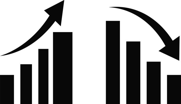 Isolated black vector icons showing financial bar charts with an upward trending growth arrow and a downward trending decline arrow concept