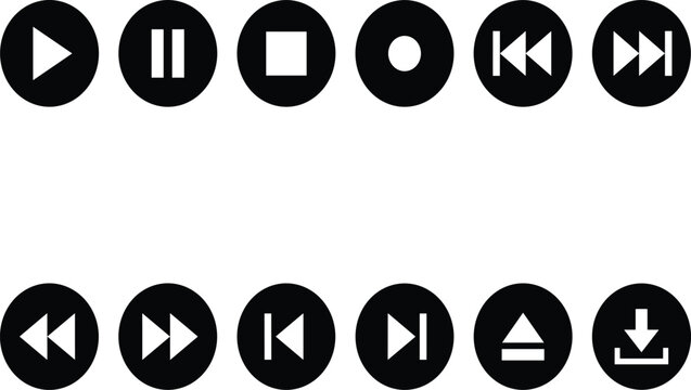 Set of twelve circular media player control buttons featuring play pause stop record fast forward rewind eject and download icons in white