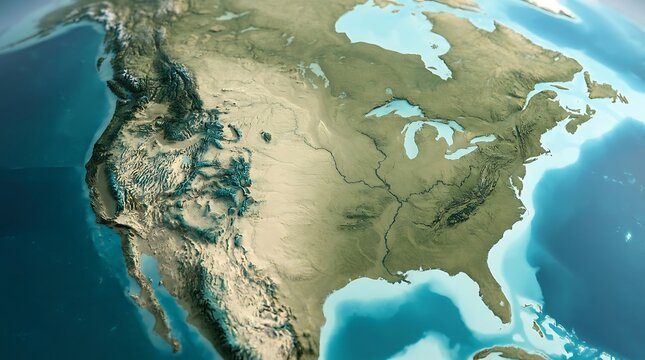 Top view of north america continent map