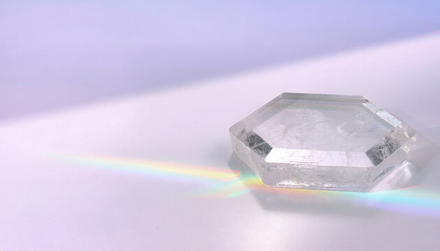 Premium 3D Mockup Clear Raw Quartz Hexagonal Podium with Rainbow Light Caustics