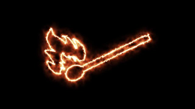 Burning matchstick outline with fiery orange flame animation on black background for fire and ignition concepts