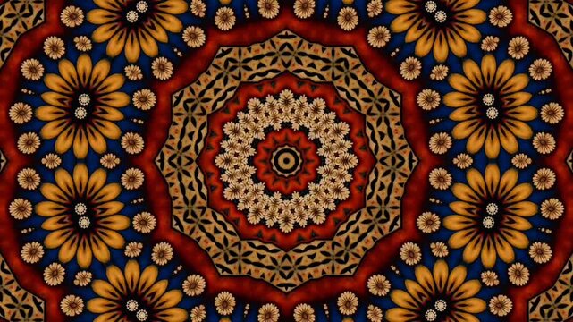 A seamless 4K motion loop featuring an intricate geometric mandala pattern with vibrant orange, deep red, and blue tones, ideal for dynamic backgrounds and surface design.  