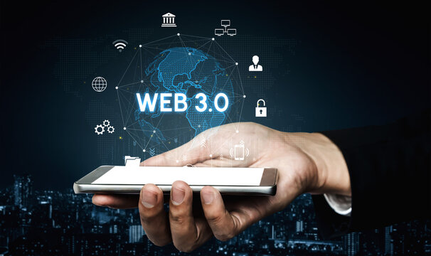 Hand Holding Smartphone Displaying Web 3.0 Technology Concept with Icons and World Map Visualization in Dark Background. Entropy.