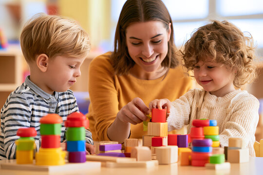 Preschool teachers supervise as children play with colorful wooden didactic toys in the kindergarten