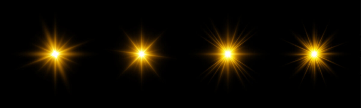 Set of sparkling stars with radiant glow and bright light flares. Tiny glitter particles create a festive atmosphere. Isolated transparent PNG effect.