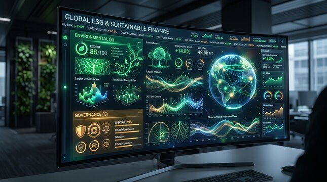 Sustainable Finance Interface with Environmental Scores, Governance Symbols and Radiant Analytics