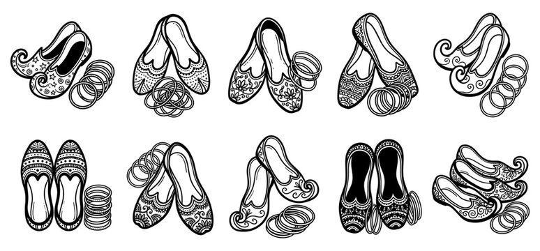 Traditional Indian bridal jutti mojari ethnic shoes and glass bangles doodle set, embroidered pointed toe slip-on shoes, curled toe royal footwear, and matching decorative lac bangle stacks vector