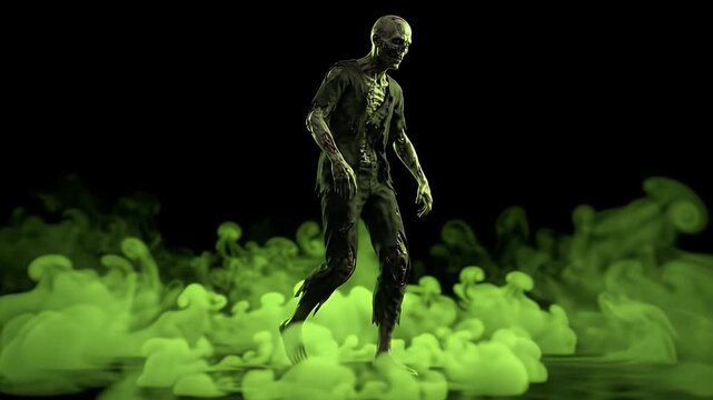 Terrifying 4K Undead Zombie Walking through Toxic Green Fog in Cinematic Dark Atmosphere on Black Background