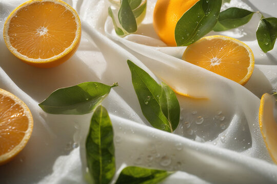 Oranges on white cloth close-up