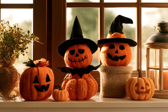 Selecting Halloween decorations to place on the windowsill