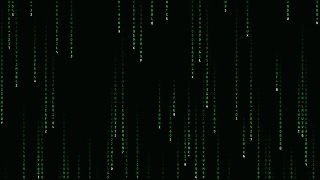 Green letters and numbers falling digital rain code on black background, seamless loop