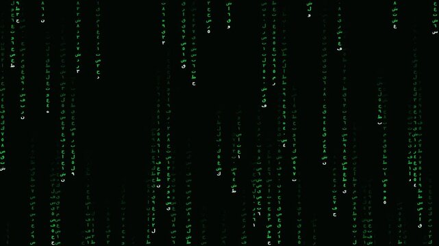 Green Arabic letters falling digital rain code on black background, seamless loop