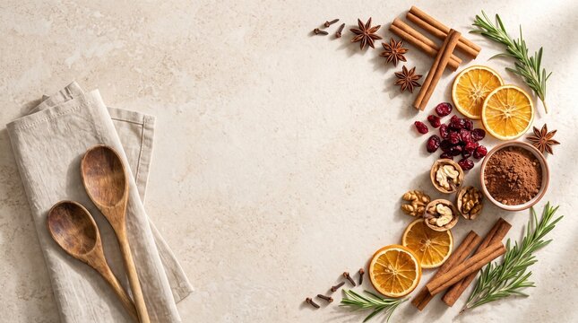 Aromatic spices and dried citrus slices are arranged in a crescent moon shape on a textured surface, alongside wooden spoons and a linen napkin, hinting at culinary creations.