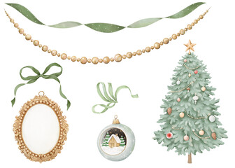 Fototapeta premium Watercolor collection with Christmas tree, vintage frame, green bows, ball with cute house, garland of golden beads and ribbon. Isolated set for your holiday design cards, posters, prints or gifts.