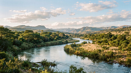 Fototapeta premium river flowing through african countryside landscape with mountains