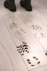 Fototapeta premium Woman in rubber boots leaving muddy footprints on wooden floor, selective focus