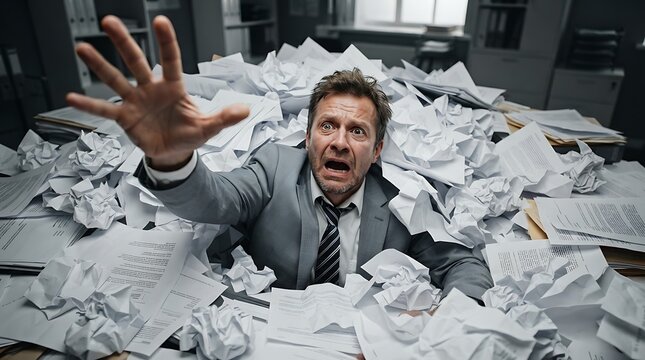 Stressed businessman buried in pile of paperwork at office