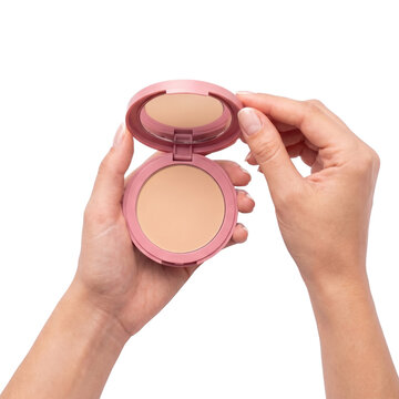 Opening powder compact with hands, isolated on a transparent or white background. Professional facial makeup application and cosmetic skin tone correction product, beauty routine.