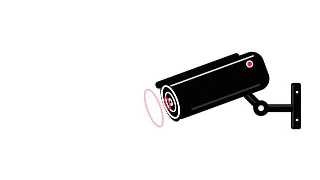 Minimalist black security camera icon animation with red scanning signal over a plain white surface